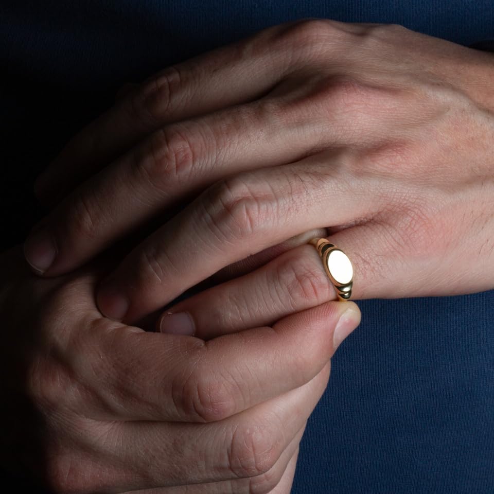 10K Yellow, White, and Rose Gold Men’s 2mm Polished Oval Top Signet Band or Pinky Ring with Tapered Ribbed Style Band, Available in Sizes 6-162