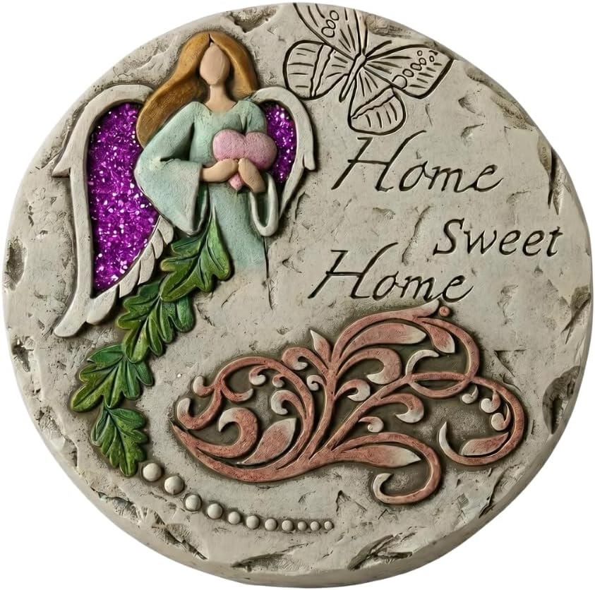Comfy Hour 9.8 Inch Multicolor Angel Home Sweet Home Garden Stepping Stone, Rustic Antique Vintage Figurine Style Plaque, Grey and Pink Outdoor Decor