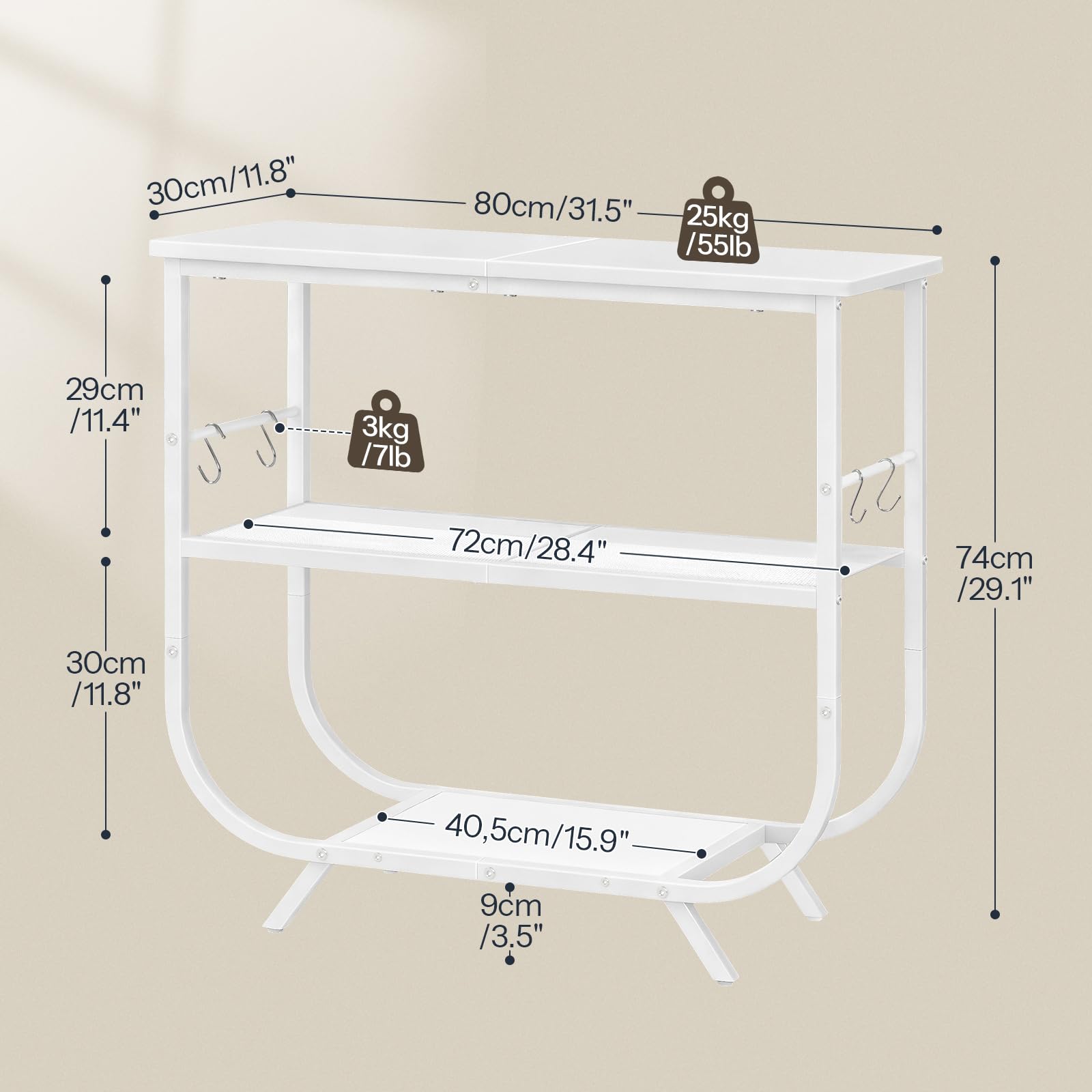 HOOBRO Mesa de Consola de 3 Niveles, Estantería Estrecha con Marco Metálico, 80 x 30 x 74 cm, Mesa Auxiliar para Sofá, Mueble de Entrada con Pies Ajustables y Ganchos, Pasillo, Salón, Blanco EWW63XG01