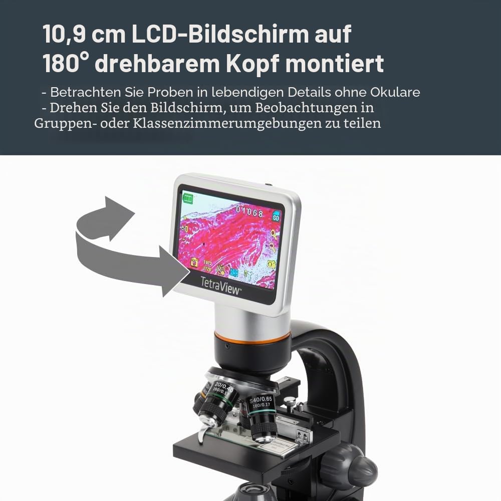 Celestron 44347 TetraView LCD Digitales Touchscreen-Mikroskop, 40- bis 400-fache Vergrößerung, Schwarz/Silber