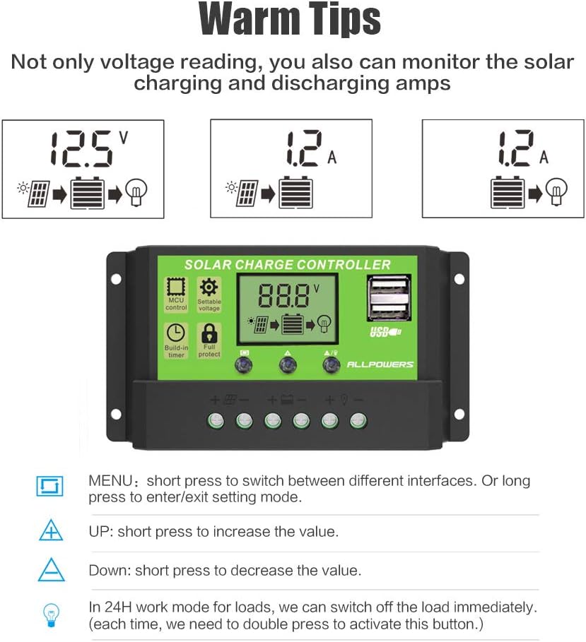 ALLPOWERS Dual USB 20A Solar Charge Controller 12V/24V Auto Paremeter Adjustable PWM LCD Solar Controller Regulator with Load Timer Setting ON/Off Hours