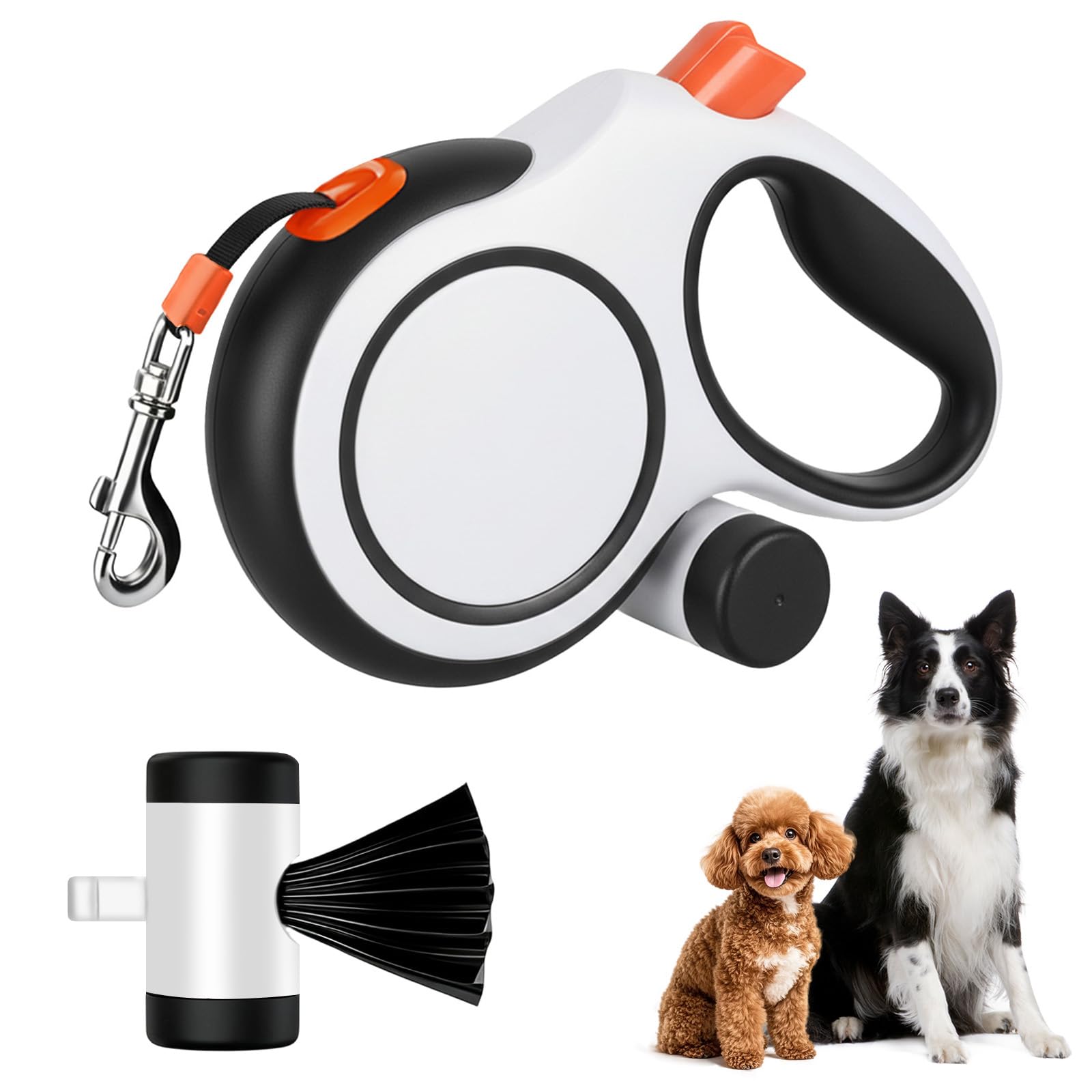 Laisse Chien Enrouleur 8m, Laisse Enrouleur pour Chiens Moyens et Grands (Jusqu’à 50kg), Anti-Morsure Laisses pour Chien avec Un Boutton S'arrêter Bloquer et Distributeur de Sacs (Blanc, 8 m)