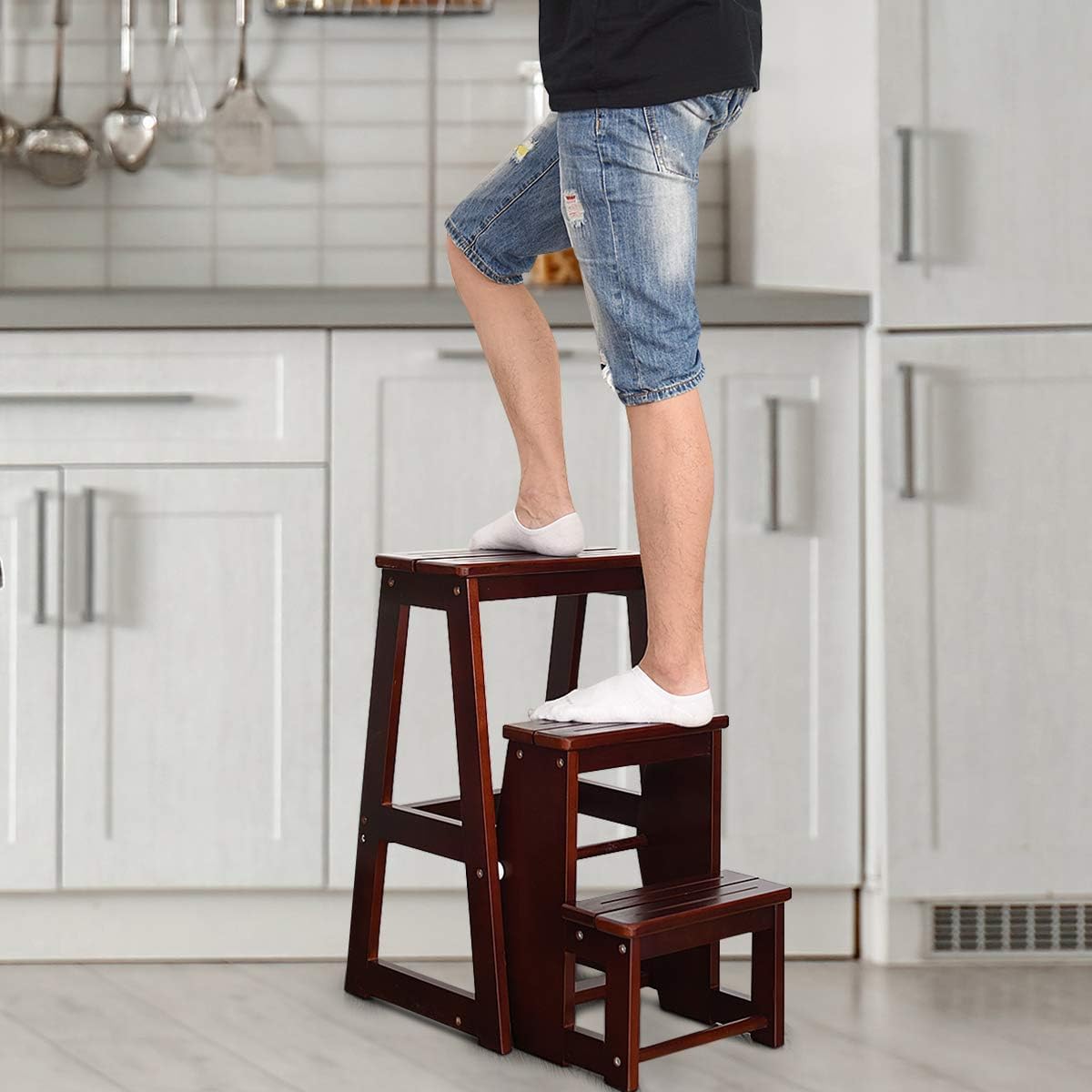 GOPLUS Escalera Taburete Plegable de Madera de Pino de 3 peldaños