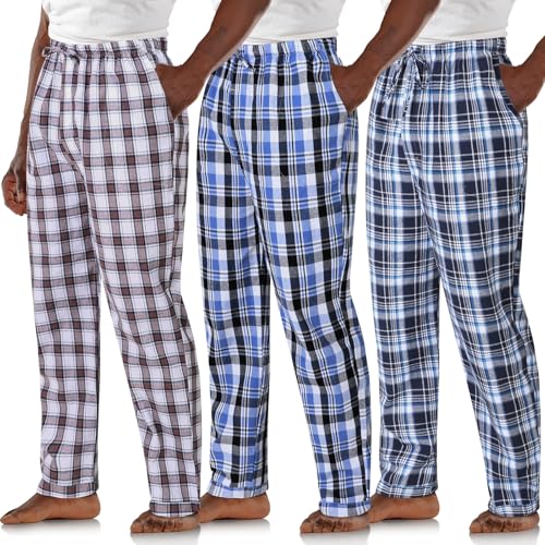 Image of 3 Pack Mens Cotton Pajamas Pants Lounge Pjs Bottoms Sleepwear Bottoms Soft Pants with Pockets Drawstring(Brown, Blue, Black,M,Plaid)