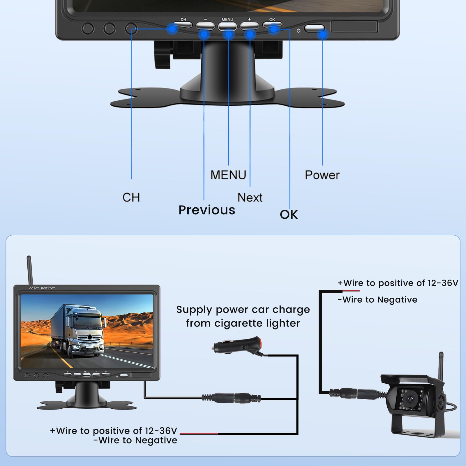 Inefala AHD Cámara de Visión Trasera Kit Inalámbrico con Monitor de 7 Pulgadas, Cámara de Marcha Atrás con Impermeable IP68, BSD, Visión Nocturna, para LKW Bus Van SUV (DC 12V-24V)