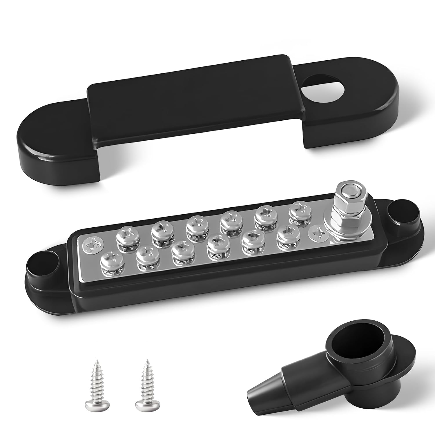 Marine Bus Bars, 1/4-inch Studs and 12#8 Terminal Screws, 12V 150A Power Distribution Ground Bus Bar, Suitable for Marine, Automotive, and Solar Wiring