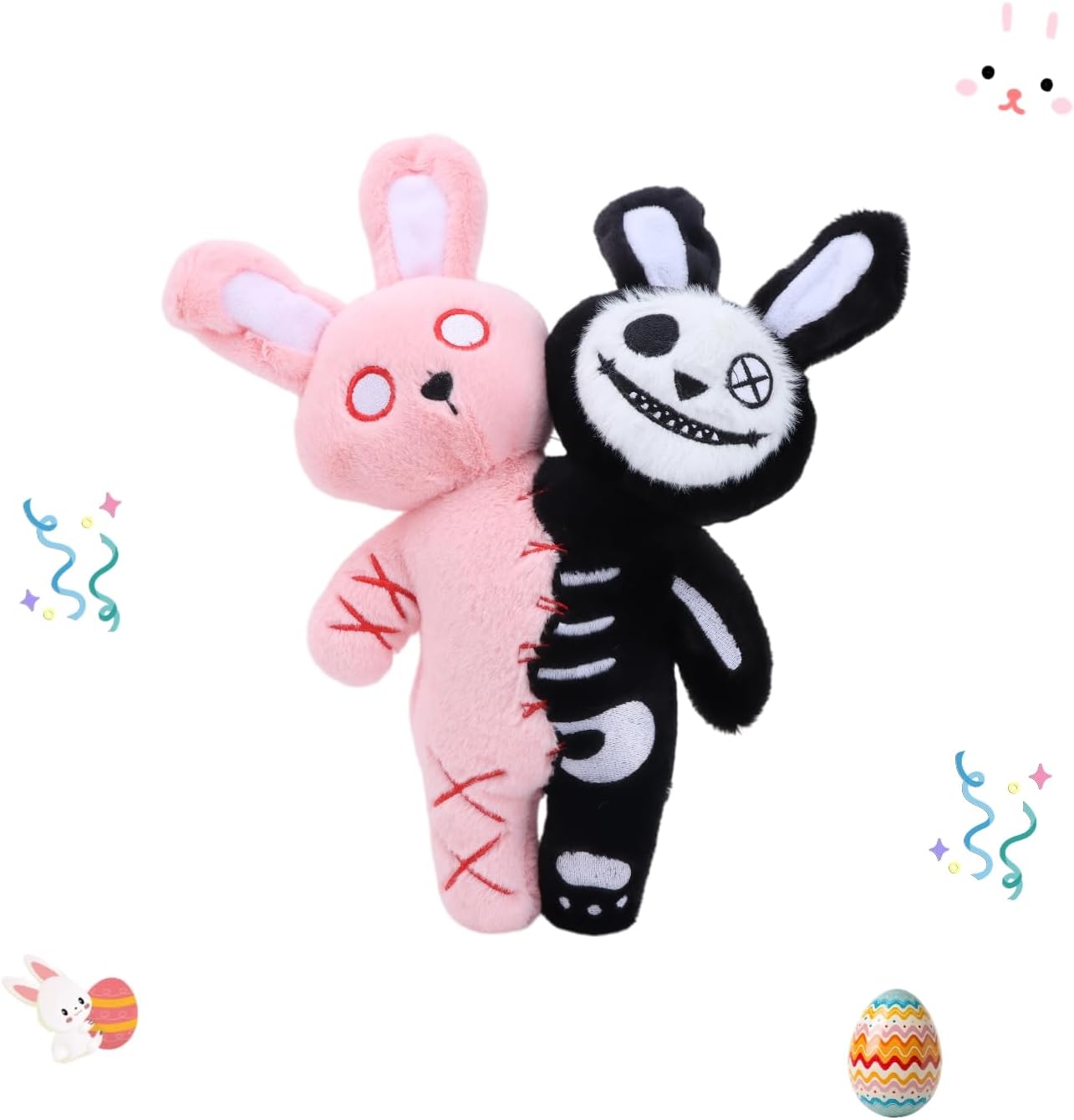 11.5" Double-Headed Bunny Plush Toy, Pink & Black Rabbit Stuffed Animal, Soft Creative Easter Bunny Doll, Cute Gothic Plush Gift for Kids Boys Girls, Halloween Christmas Birthday Gift
