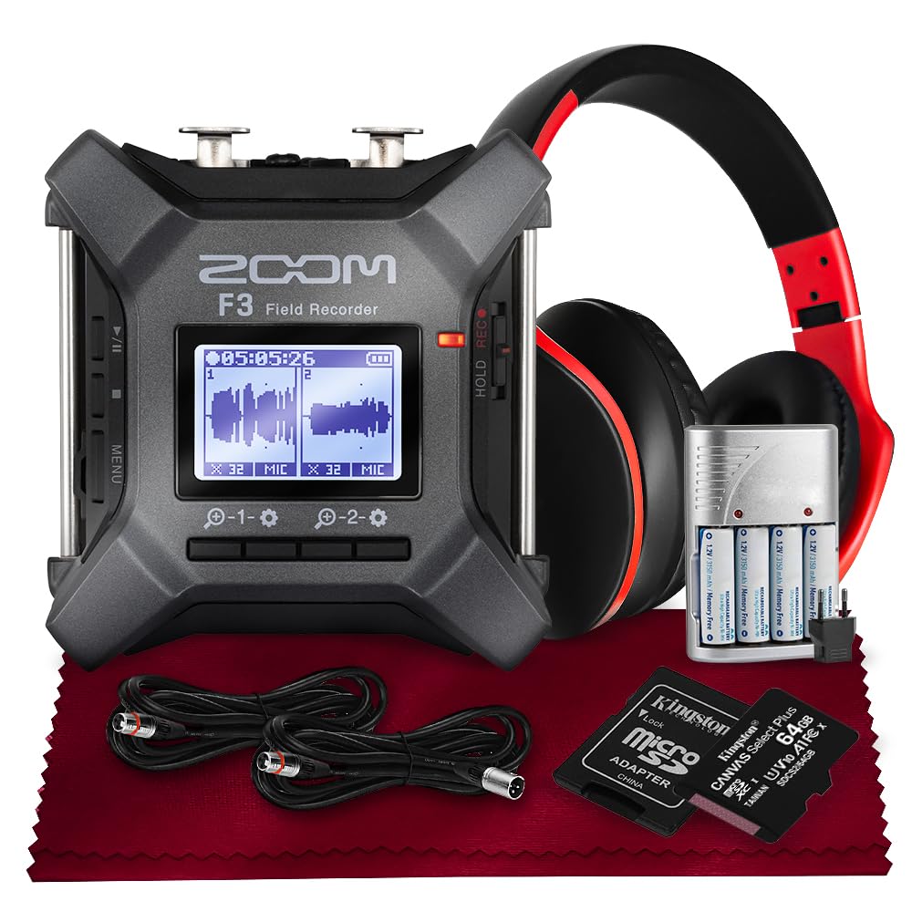 Zoom F3 Professional Field Recorder, 32-bit Float Recording, Dual A/D Converters, 2 XLR/TRS Inputs with Rechargeable Batteries, 2 XLR Cables, 64GB MicroSD & Headphone w/Built-In Microphone