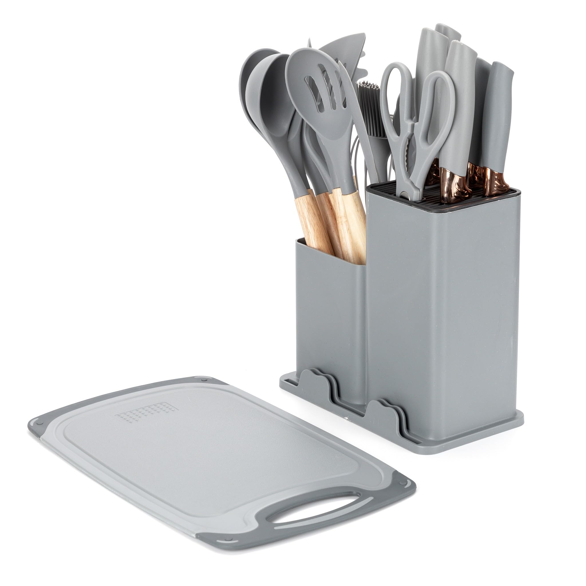 EliteHoff Juego de cuchillos de cocina de 19 piezas - Utensilios de silicona con mangos de madera, 5 cuchillos, 12 accesorios de cocina, tabla de cortar y soporte, sin PFOA, apto para lavavajillas (E