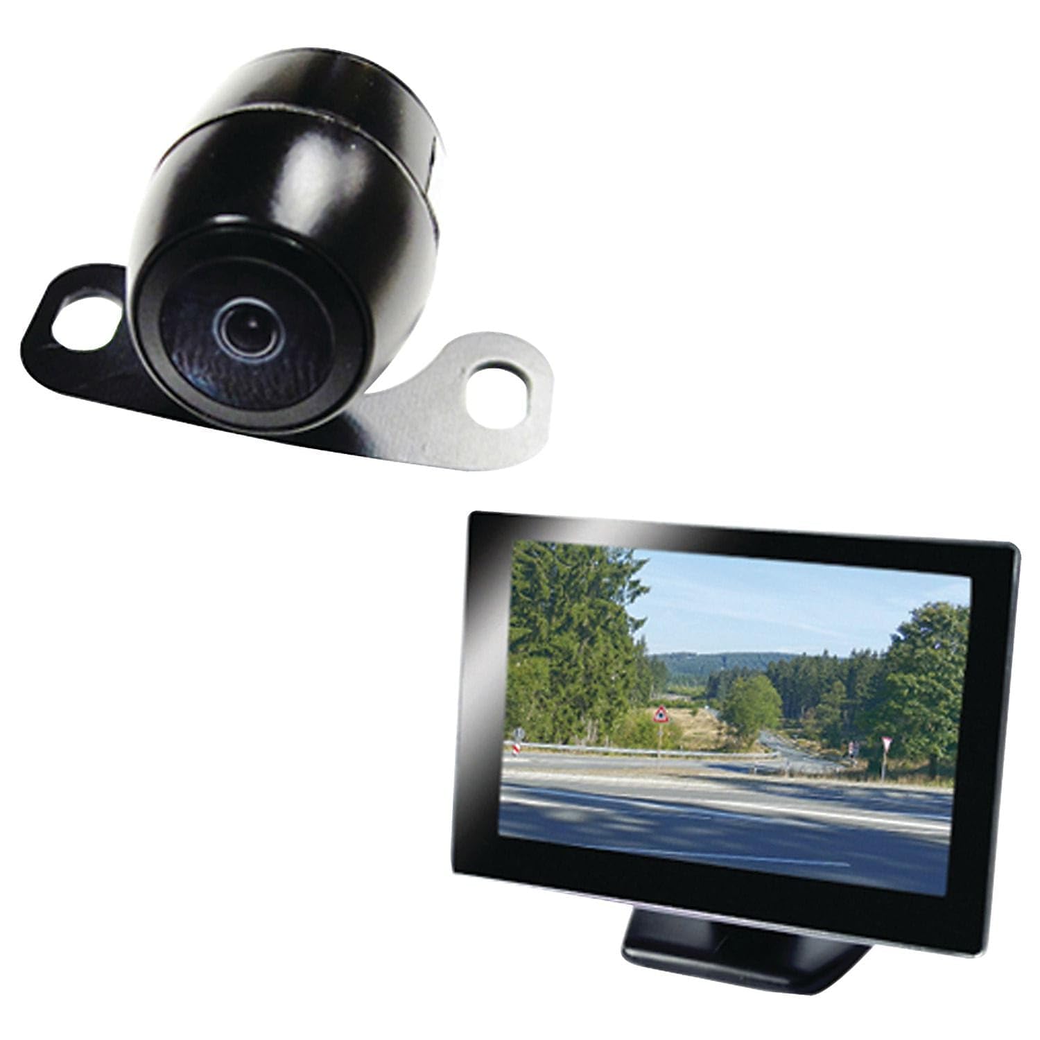 BOYO Vision VTC175M Vehicle Backup Camera System with 5-inch monitor and license plate camera.