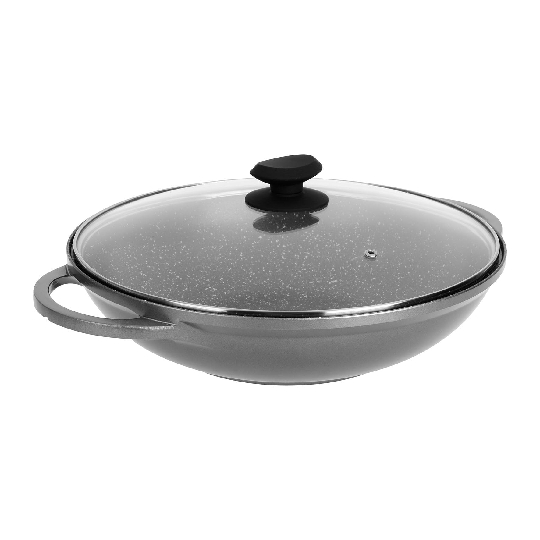 Sitram 714225 - Wok hierro fundido, aluminio interior, efecto piedra, diámetro 32 cm, altura 8 cm, revestimiento antiadherente, 2 capas, sin PFOA, tapa de vapor de vidrio, asas de hierro fundido de