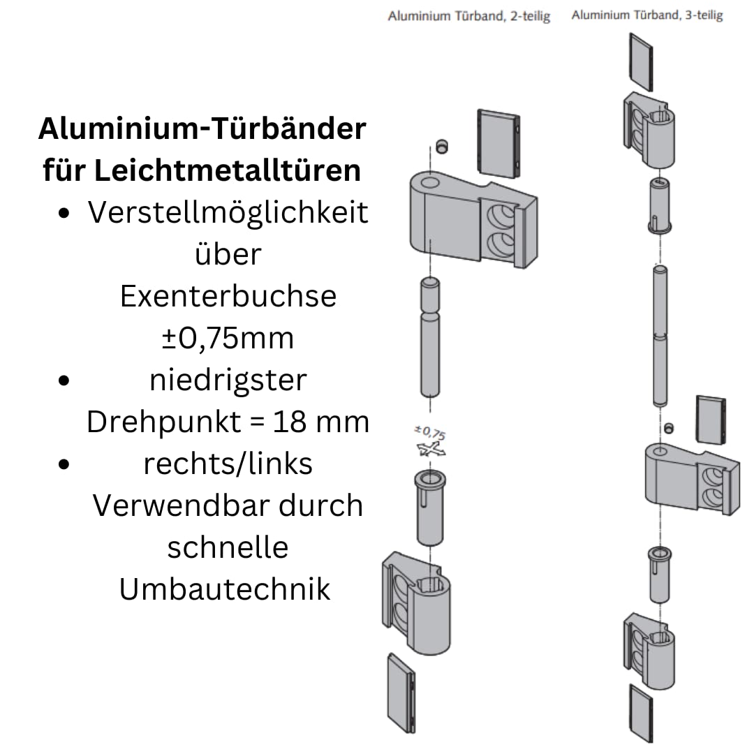 WSS Aluminium-Türband 2-teilig – Art.-Nr. 04.250.1863.114 | E6/C-0 silber eloxiert, Drehpunkt 18/Achse 63 mm, DIN links/rechts verwendbar, Türscharnier für Metall- & Aluminiumtüren