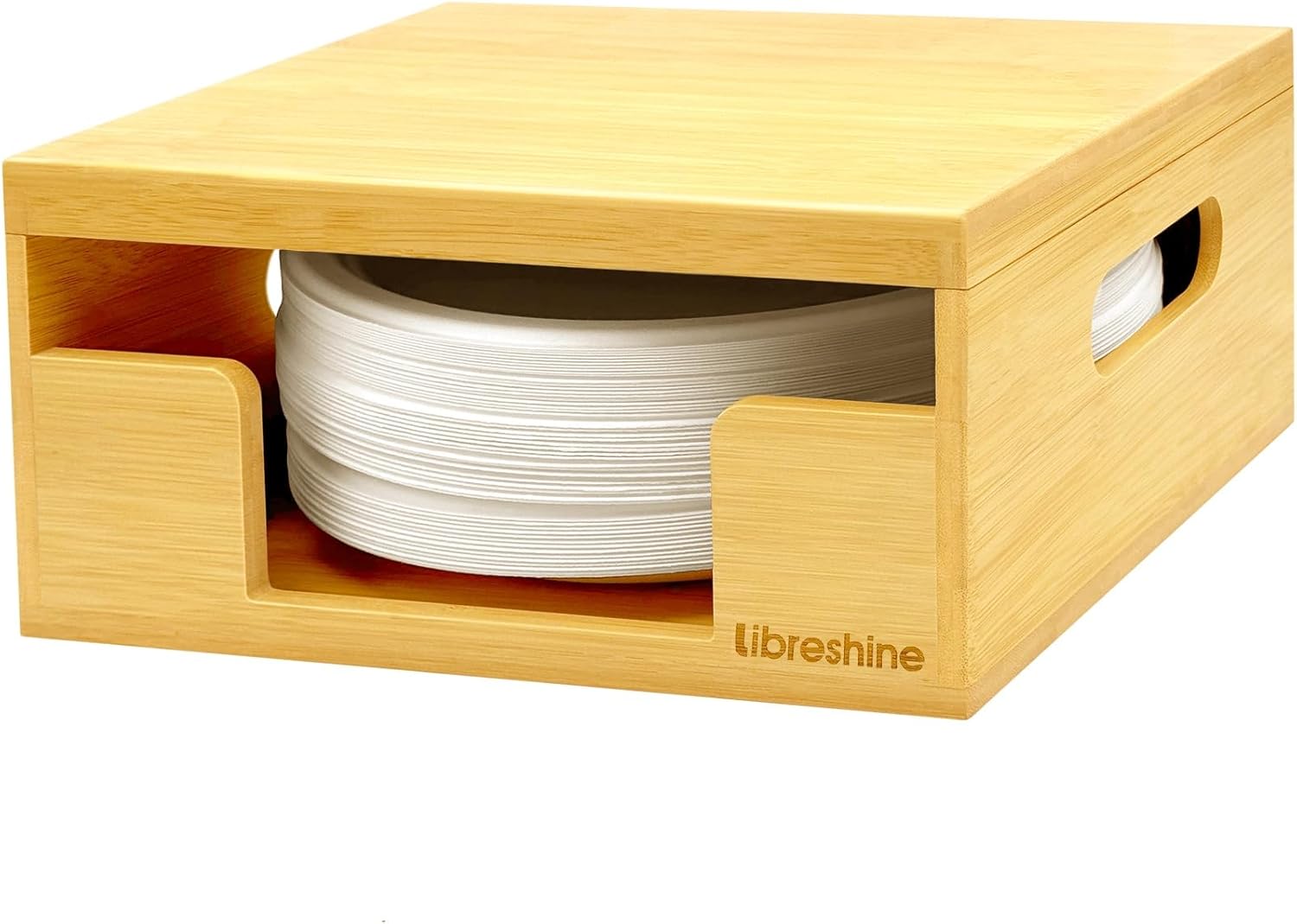 Libreshine 8-10 Inch Bamboo Paper Plate Holder Dispenser with Lid, Stackable Organizer for Disposable Plates, Space-Saving Inside Cabinet/Countertop Storage for Kitchen, Pantry, Office, Party