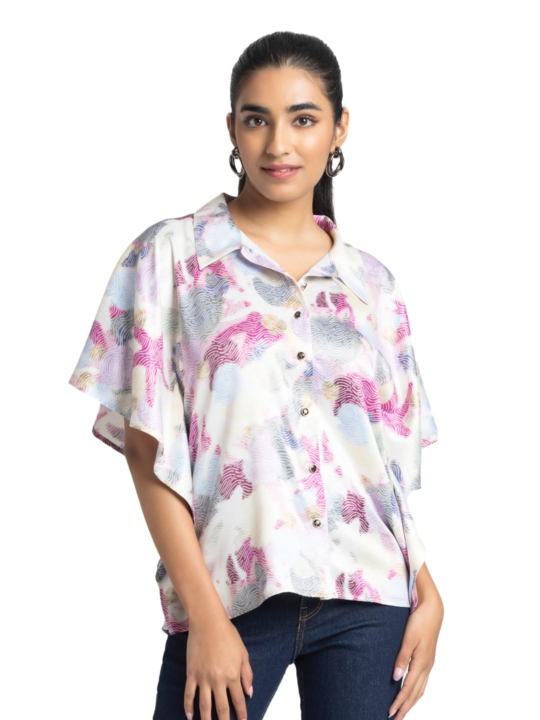 White Spread Collar Printed Short Sleeves Casual Shirts for Women-image-24