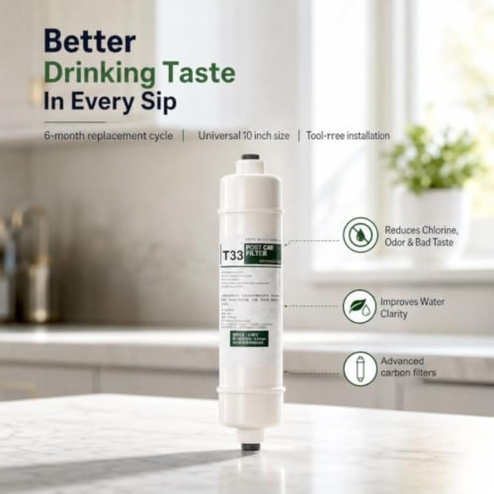 3-pak 10-calowy T33 Post Carbon Inline 1/4 wymiana armatury, do oczyszczaczy wody Ro odwróconej osmozy pod zlewem Filtr końcowy oczyszczacza wody filtr wody na ostatnim etapie filtr wody