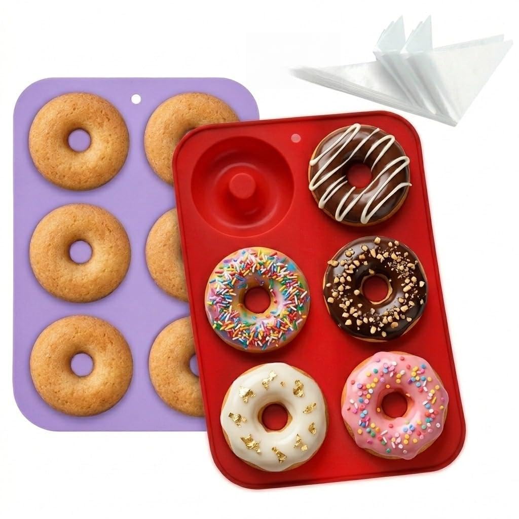 Moldes Silicona Donuts Antiadherente 2Pcs Violeta Rojo con 15 Mangas Pasteleras para Horno Air Fryer