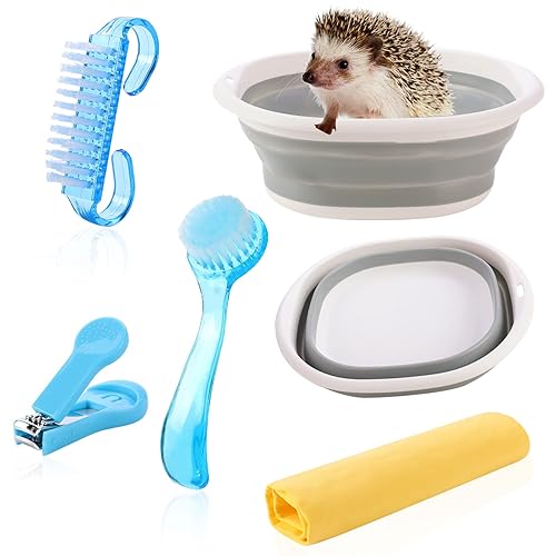 Kit de baño de erizo baño de arena para hámster baño de animales pequeños 1 bañera plegable 2 cepillos de baño de erizo con 1 cortauñas de los pies