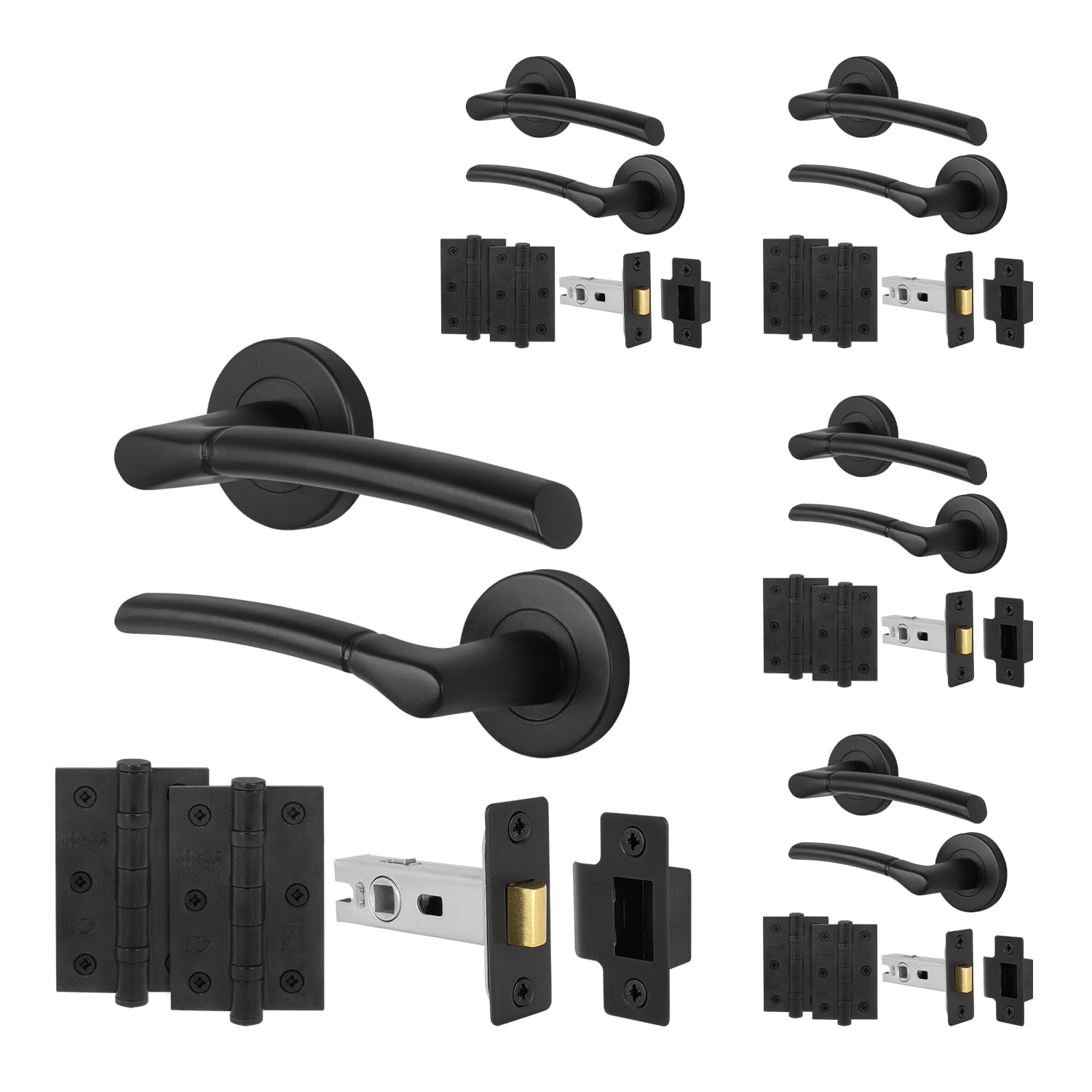 EAI Black Door Handle Latch Set, 5 Pairs Internal on Rose Matt Black Handles, Latch (64mm) Hinges (76mm) - Bova Range