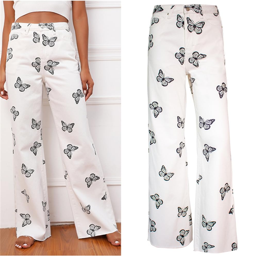 Pantalones Anchos Blancos Informales Sueltos, Pantalones Largos, Jeans Tipo Fregona De Pierna Recta con Mariposas