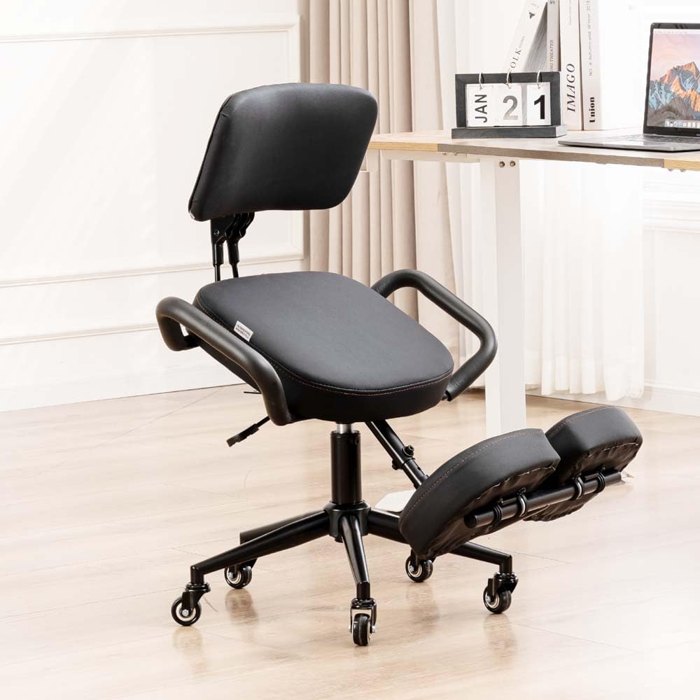 Silla de escritorio de rodillas para oficina con soporte de espalda, altura y ángulo ajustables, postura vertical sentada, cojines gruesos y cómodos, color negro, YDM-1458-2CF