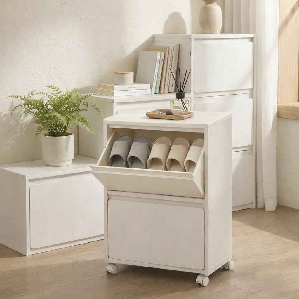 収納ボックス 2段 分別 W40.5×D20.7×H65.5cm 折り畳み式 白 キャスター付 ゴミ箱 衣類収納 フラップ式 扉付き 収納 薄型 組立簡単 en-nd10-2 - 2