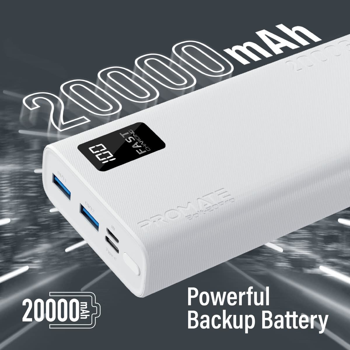 Zewnętrzna bateria Bolt-20Pro Powerbank Ultra-Slim 20000mAh 3-w-1 Dwa porty USB-A Port USB-C 10 W Inteligentny wyświetlacz LED Wielofunkcyjna ochrona Biały