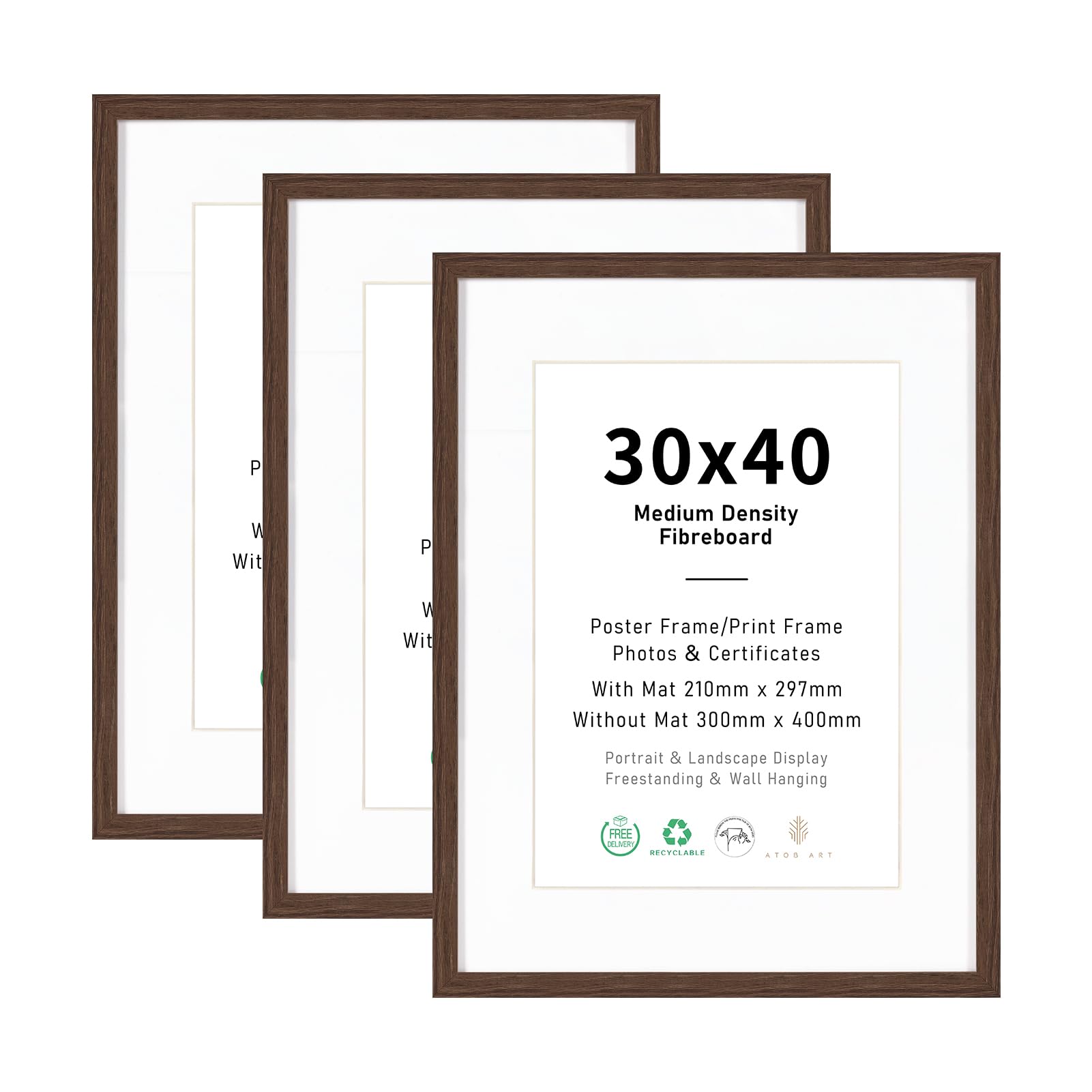 30x40 Picture Frame Set of 3, Display A4 with Mat or 30x40 without mat Images, Brown Natural Wood Photo Frames for Wall Mounting Display — image 1