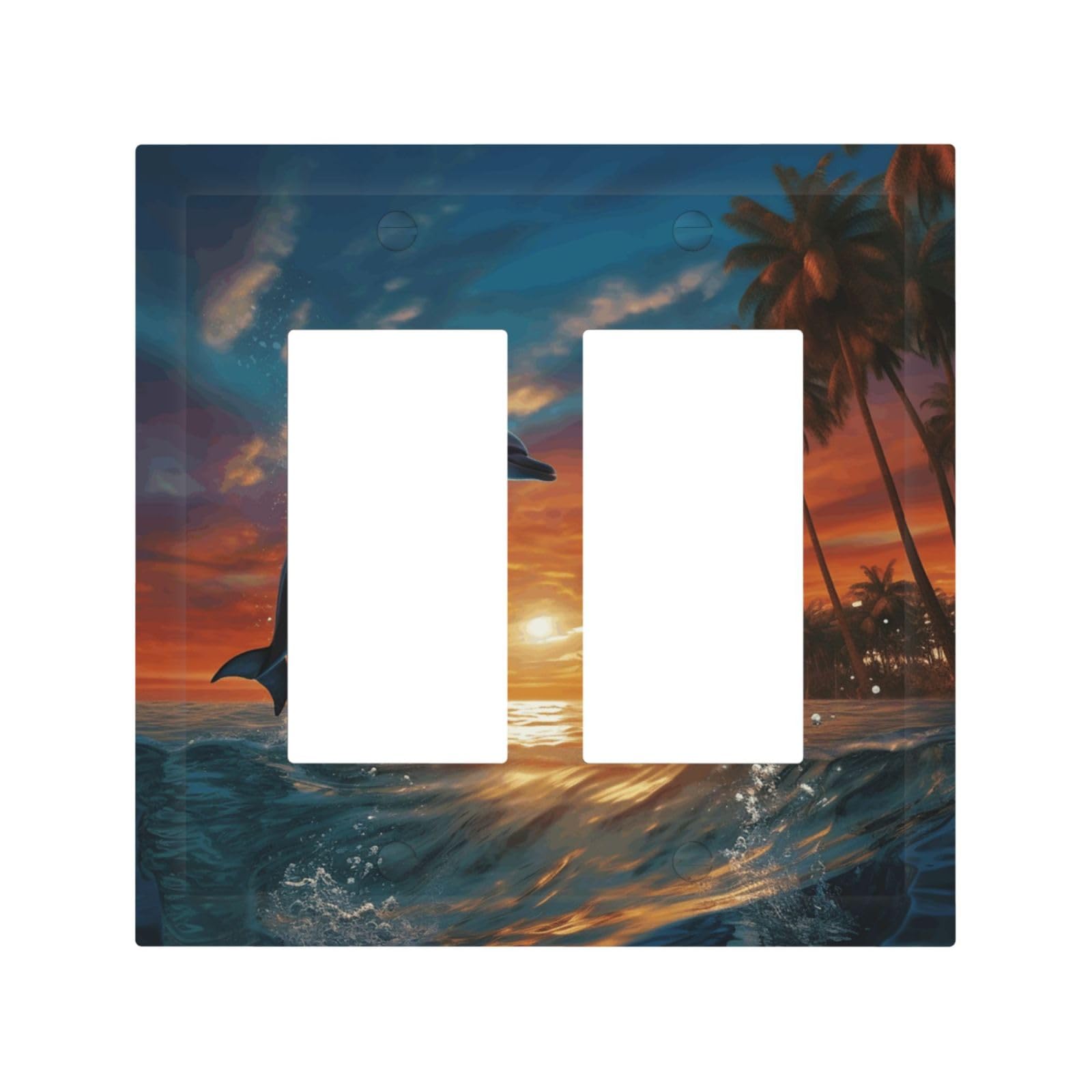 Kloph Style H Decorator Double Toggle Light Switch Covers Dolphins And Palm Trees Wall Plate 2-Gang Mid Size 5" X 4.9" Double Toggle Switch Wallplate Decorative 2 Gang Wall Switch Plate Covers