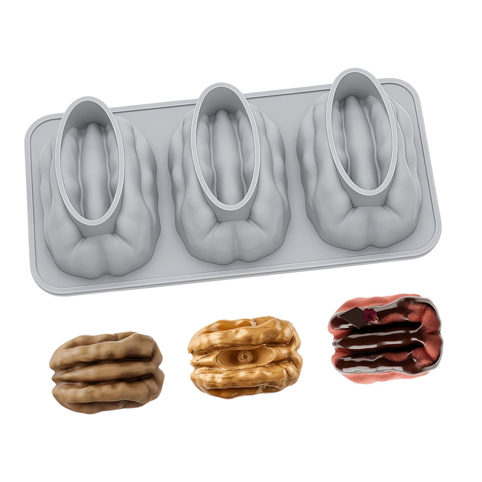 COOLHOOD Silicone Baking Tray Cake 3 Cavity Walnuts Shape Dessert Molds Suitable for Candy Dishwasher Safe Creative Cake Molds