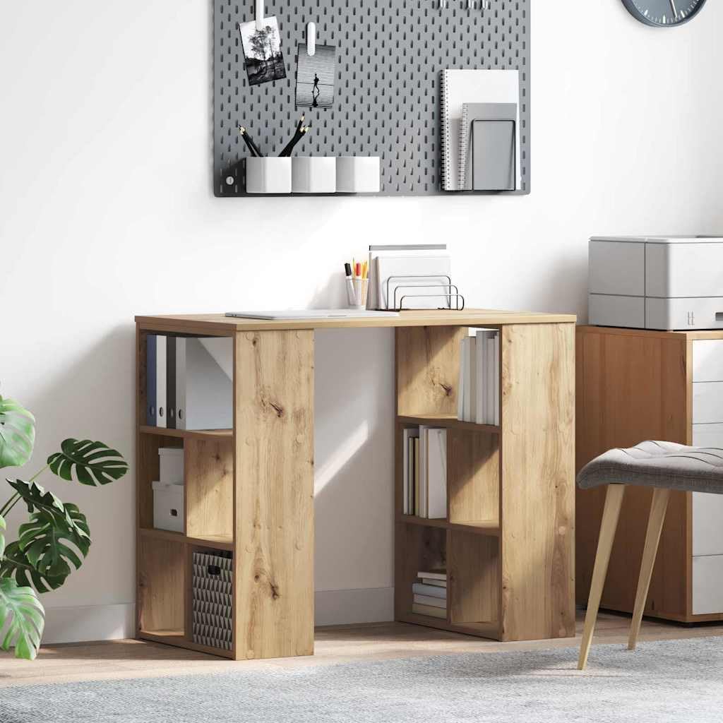 Biurko Artisan z drewna dębowego z 4 półkami 90 x 50 x 75 cm, nowoczesny stół biurowy do domowego biura, gabinetu, pokoju młodzieżowego, z półką i zarządzaniem kablami