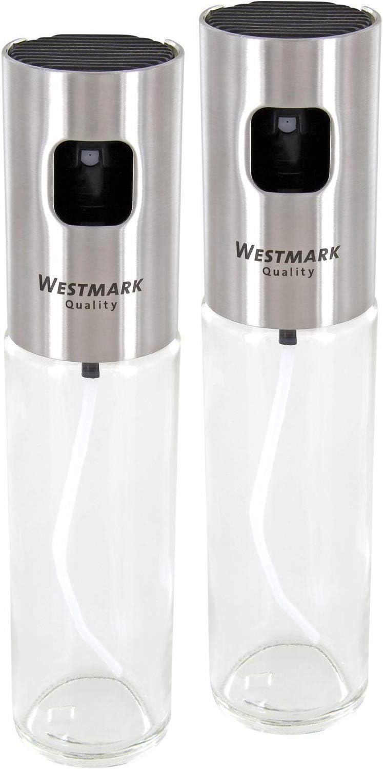 Westmark Juego de Dispensadores de Aceite y Vinagre, Con cabezal de pulverización de bomba, Vlumen de llenado: 100 ml cada uno, Altura: 18 cm, acero inoxidable / vidrio, Color: plateado / transparente