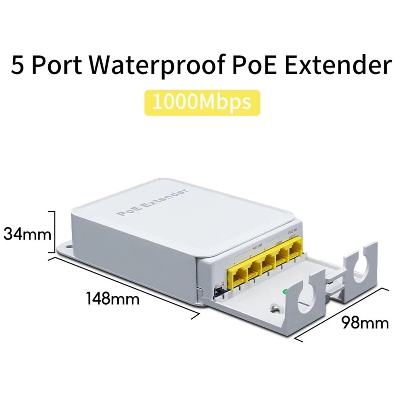 Prolongateur POE Extension POE 5 Ports, répéteur 4 Ports, réseau extérieur 100/1000Mbps, IP55 VLAN 44-57V(1000M)