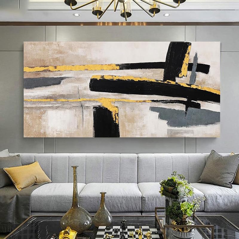 Tableau abstrait minimaliste moderne jaune grand format décoration murale de chambre