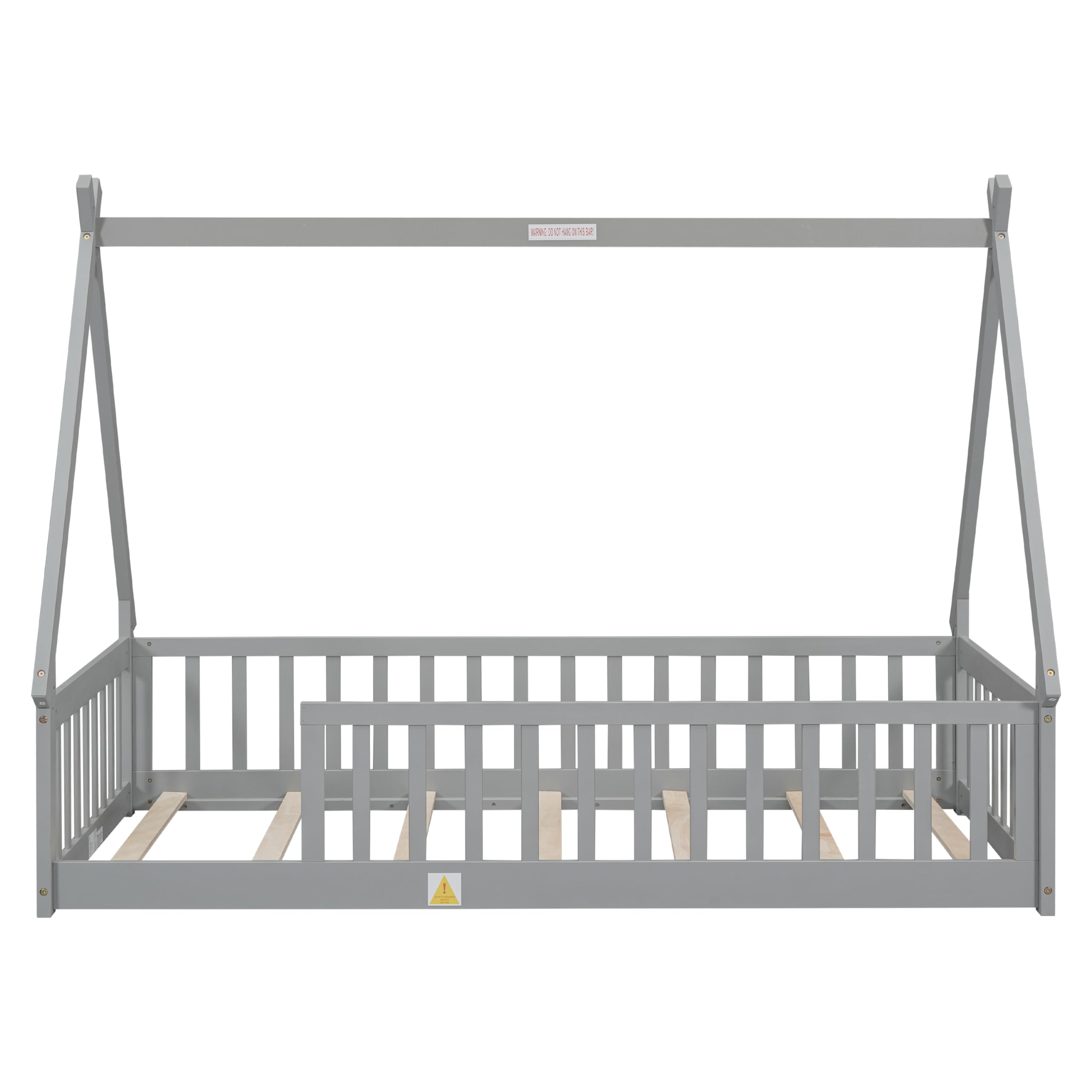 Yestar Twin Tent Shaped Floor Teepee Bed with Guardrails Slats – Sturdy, Safe, and Stylish Grey Kids Bed for Bedroom, Playroom, Nursery