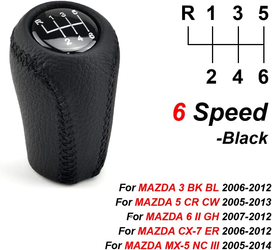 Leather 6 Speed Gear Shift Knob Leather Shifter Lever Arm Headball Compatible with MA-ZDA 3 BK BL 5 CR CW 6 II GH CX-7 ER MX-5 NC III 23 MT-Black