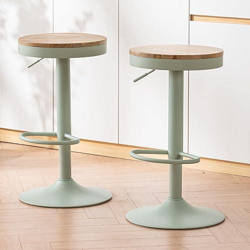 Miniatura 9 de Kidol & Shellder Juego de 2 taburetes de bar redondos ajustables giratorios modernos sin espalda, sillas de bar de madera con altura de mostrador de