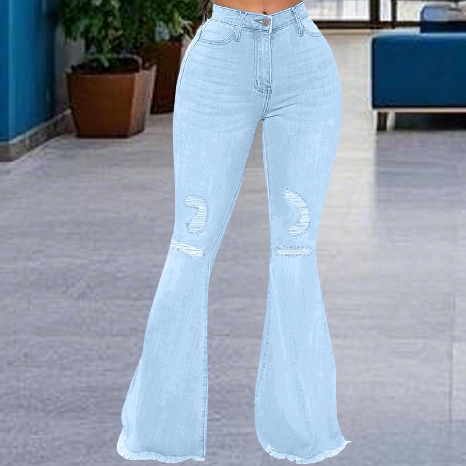 70s Bell Bottom Jeans for Women Elastic High Waisted Raw Hem Denim Pants Classic Vintage Flared Jeans - Image 3