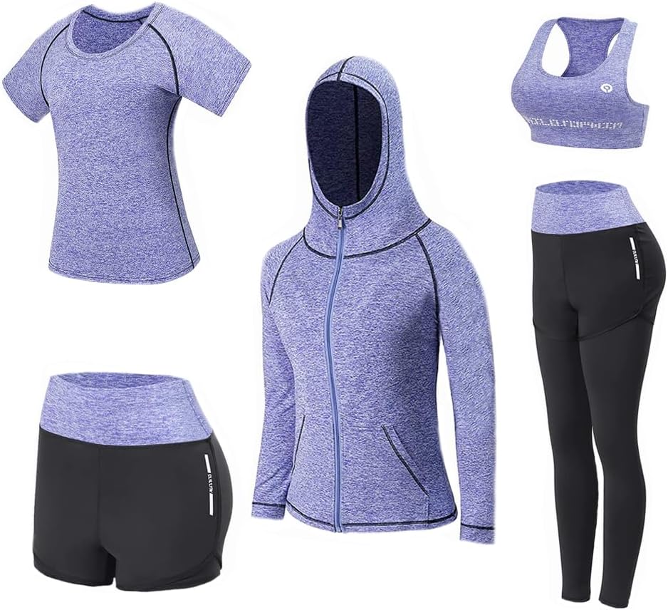 Workout Sets for Women 5 Piece Yoga Exercise Gym Outfits Sport Running Athletic Clothing Set Tracksuits Activewear