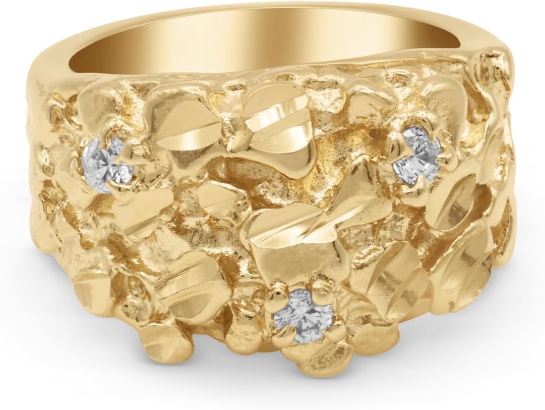 14K Gold Plated Nugget Ring with Cubic Zirconia, 6mm Band Width, Mens Jewelry Size 7-15