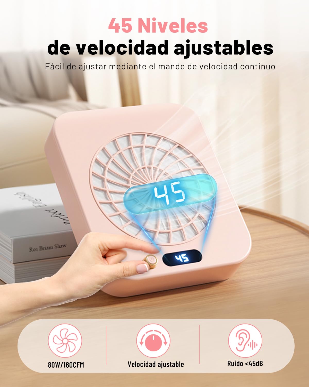 CozyZen Colector de Polvo para Uñas: 4300 RPM/45 Velocidades LED, 160 CFM, Motor 30.000 Hrs, Filtro Reutilizable, Salones & Hogar（Rosa）