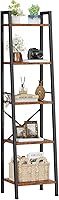Furologee 5-Tier Ladder Shelf Bookcase - Rustic Brown Narrow Tall Bookshelf with Hooks for Bathroom, Living Room, Office, Kitchen Storage