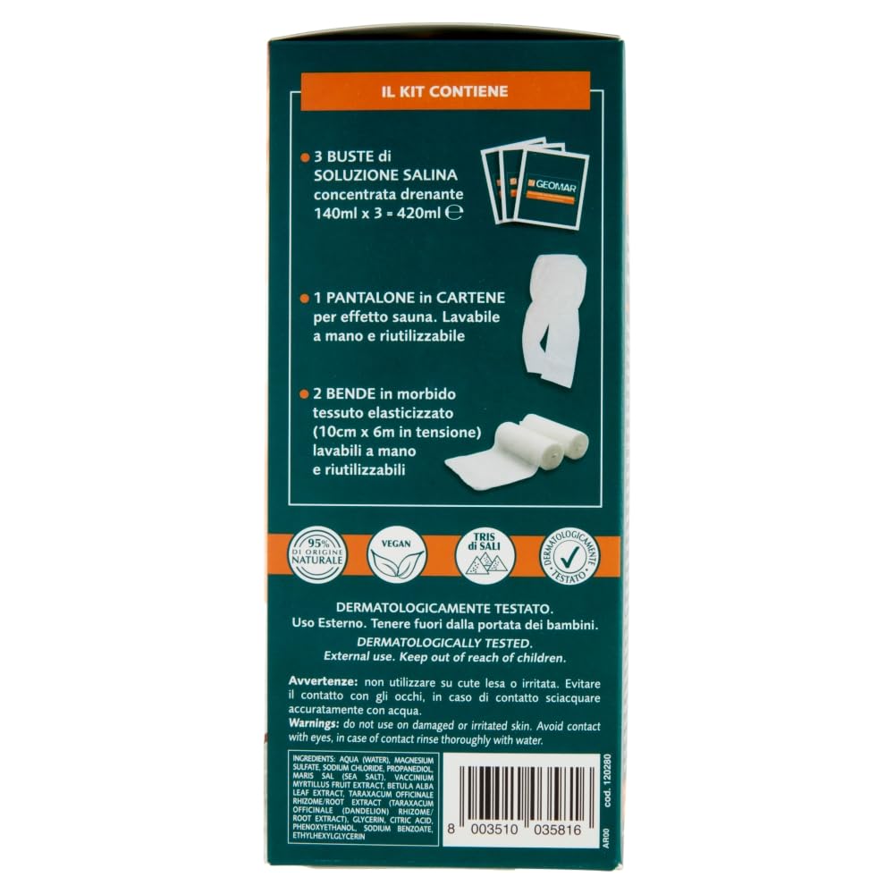 GEOMAR | Kit Bende Drenanti, Contro gli Inestetismi della Cellulite, 95% di Origine Naturale Con Tris Di Sali (Marino, Epsom, Mar Morto), Made in Italy, 140 ml x 3 Applicazioni
