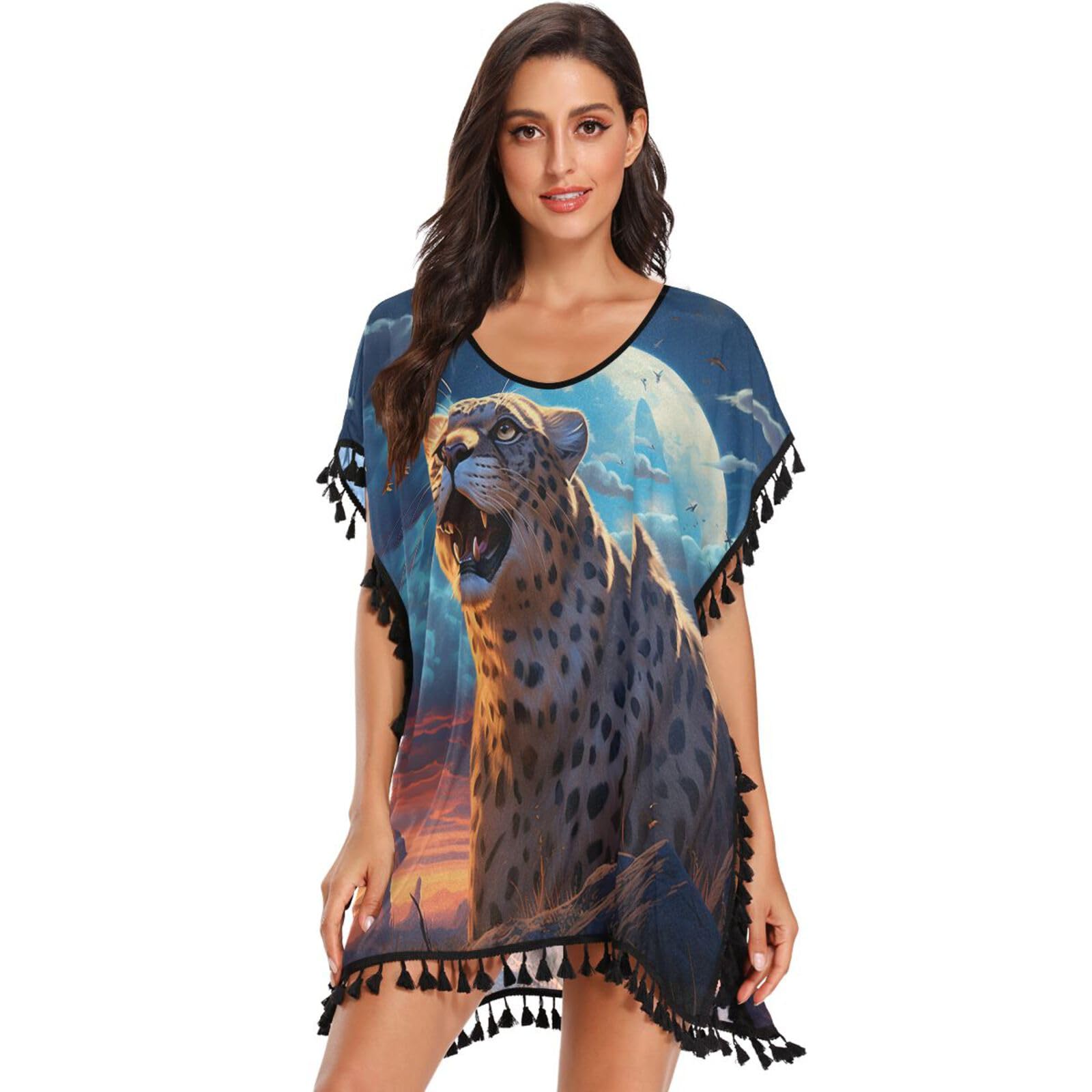KAAVIYO Oil Paintings Leopard Blue Moon Women's Beach Cover Up Chiffon Tassel Swimwear Swimsuit Coverups for Girl
