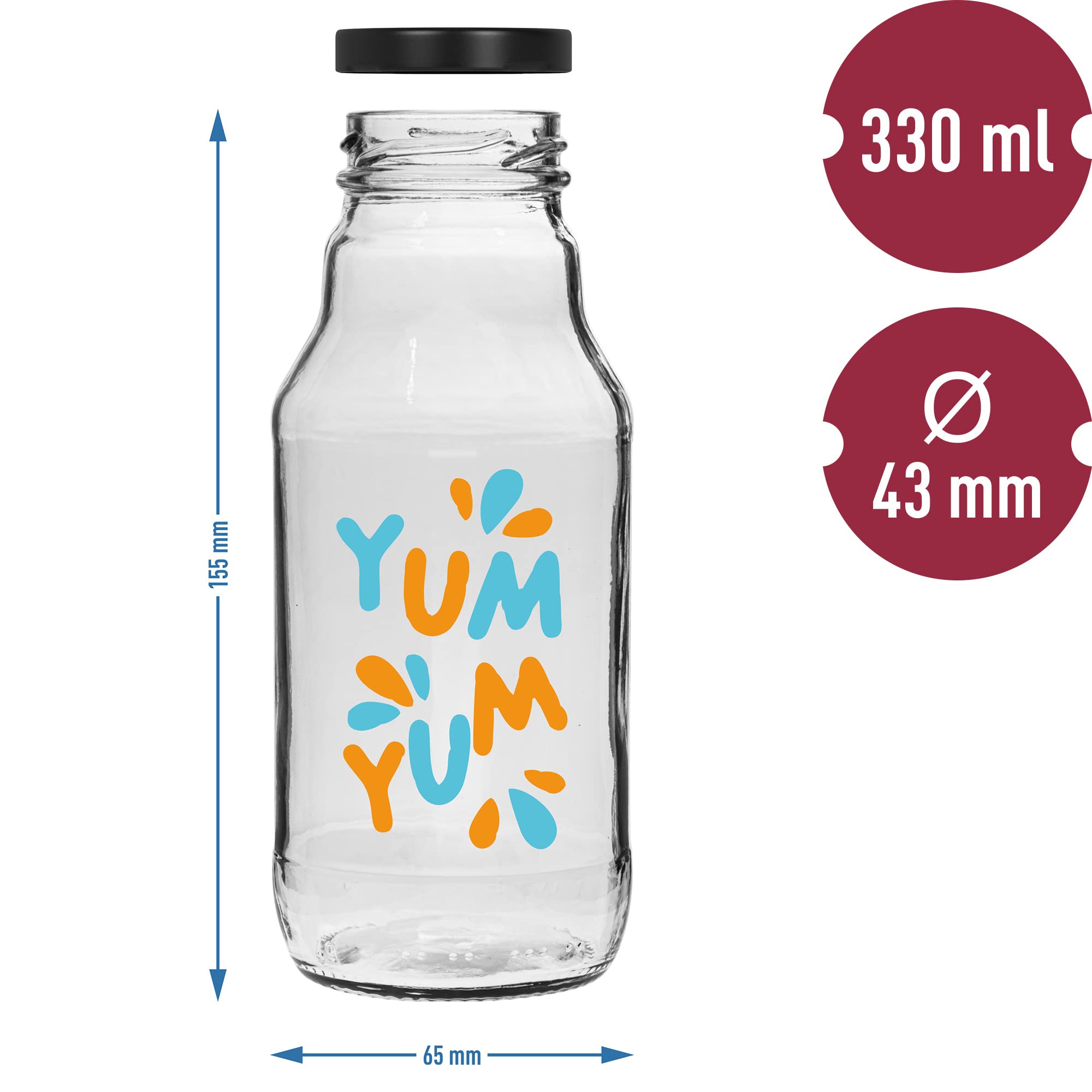 Browin 631331 - Bottiglie vuote in vetro da 330 ml, con tappo a vite, TO43, per smoothie, succhi di frutta, latte, bottiglia da 330 ml, con stampa e tappo a vite, bel design, 6 pezzi