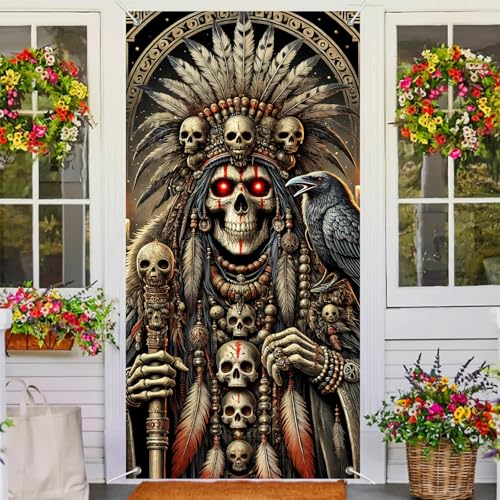 Image of BlissYard Halloween Skeleton Shaman Door Cover 35x71 Inch Fabric | Entry Banner, Wall Backdrop | Skeleton Shaman Door Decor, Party Scene | Porch, Hallway, Photo Area (Haunted House)