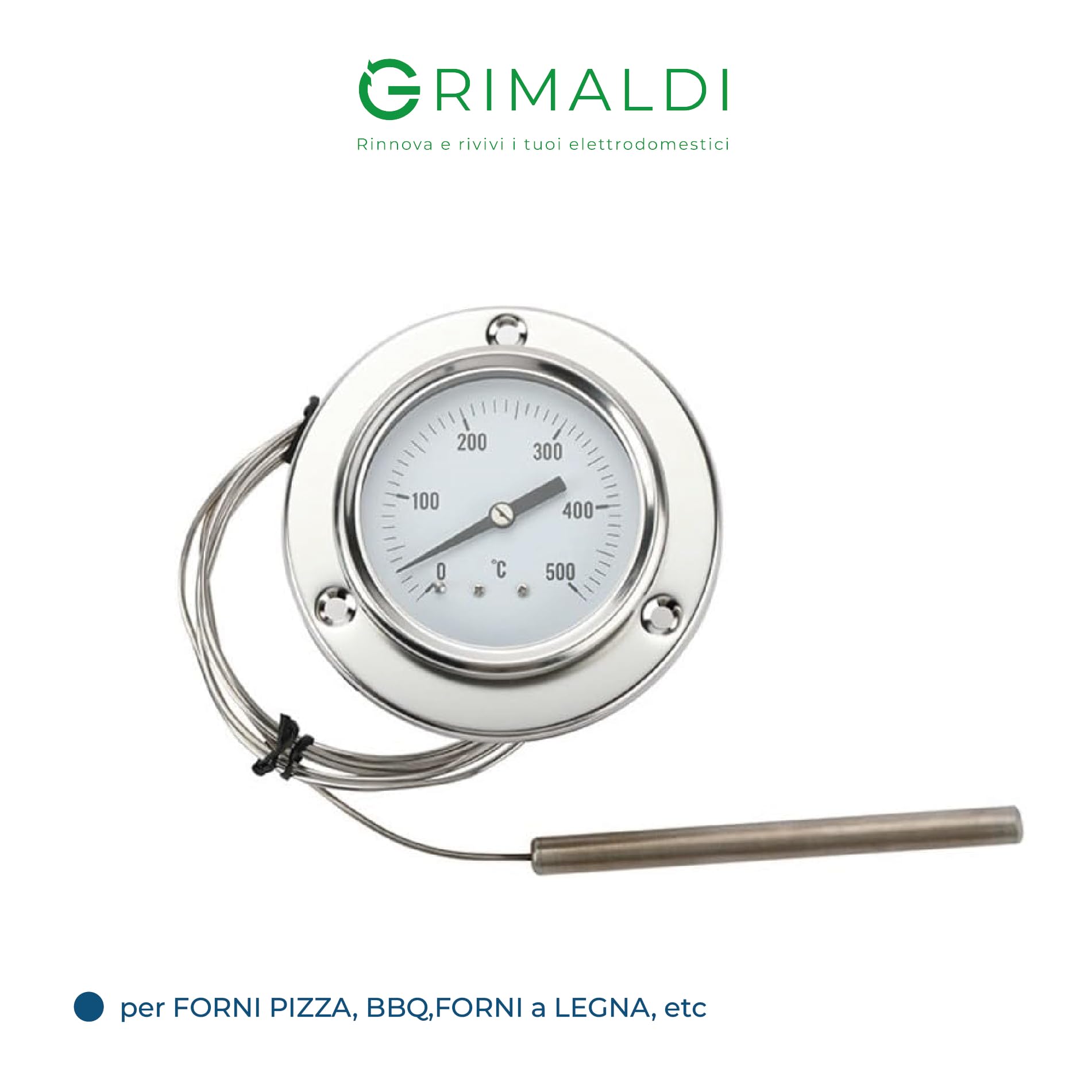 G GRIMALDI Termometro per Forno 0-500°C con Sonda Flessibile in Acciaio Inox, Pirometro Analogico per Forno a Legna, Pizza, BBQ, Flangia 3 Fori, Ø 67 mm