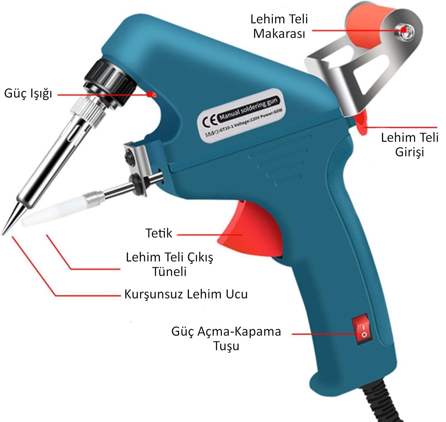 Valkyrie 5 Parça Tetikli Otomatik Beslemeli Havya Lehim Tabancası Seti - 60W 480°C Yeni Nesil Seramik Isınma - Tek El Kullanım