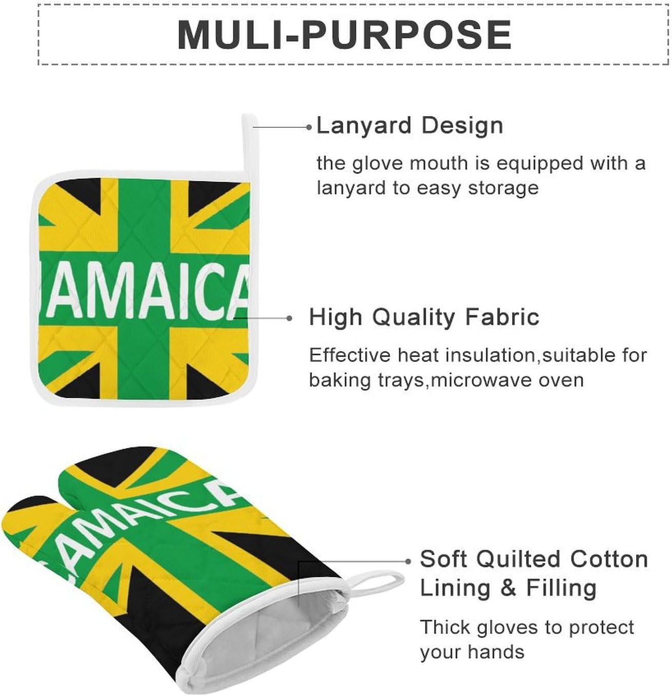 Jamaican Kingdom Flag Print Oven Mitts and Pot Holders 3 Piece Sets Heat Resistant Gloves Hot Pads Potholders for Kitchen Baking Cooking