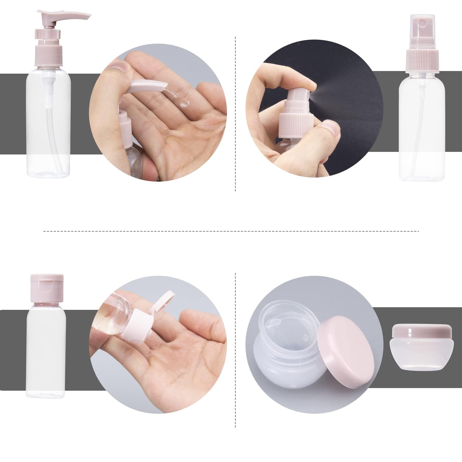 Carehabi Set di 11 kit viaggio liquidi, contenitori viaggio aereo 30/50/60/80 ml, piccole lattine di crema, flacone spray trasparente, erogatore di pompa shampoo, accessori viaggio per prodotti bagno