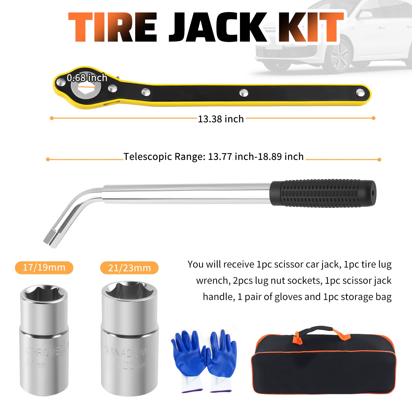 Cric a forbice da 2 tonnellate per auto, resistente, kit portatile per auto, include maniglia, chiave a forbice, chiave a capocorda, kit di emergenza professionale per pneumatici per auto